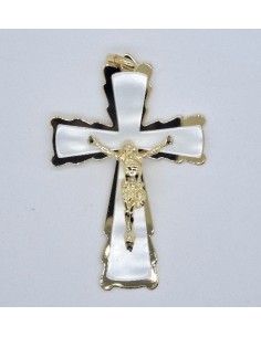 Cruz con Cristo dorada y nacar | Mercería Alfambra