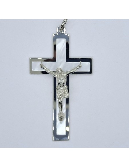 Cruz con Cristo Plata y nacar | Mercería Alfambra