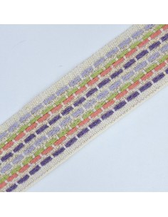 Galón fondo crudo y destellos de lurex dorado con pespuntes  malva-pistacho-coral-morado.