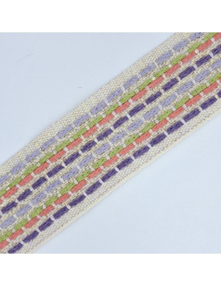 Galón fondo crudo y destellos de lurex dorado con pespuntes  malva-pistacho-coral-morado.