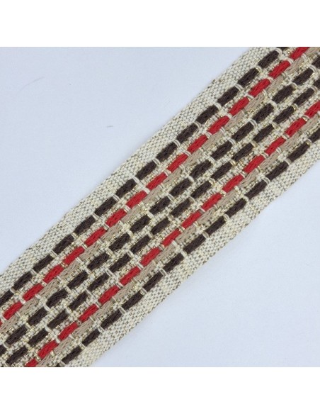 Galón fondo lino y destellos lurex dorado con pespuntes marrón-rojo-camel.