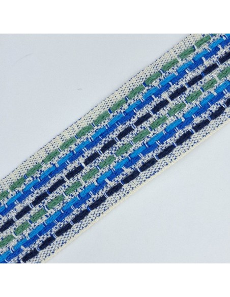 Galón fondo lino con destellos lurex plata y pespuntes verde-turquesa-azulón-marino.