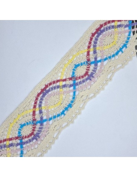 Puntilla encaje bolillo beige con ondas multicolor de 6 cm.
