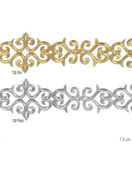 Galón de Pasamanería bordado termoadhesivo metalizado de 7,5cm