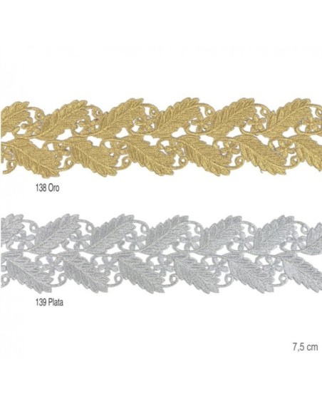 Galón de Pasamanería bordado metalizado termoadhesivo de 7,5cm.