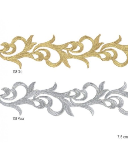 Galón Pasamanería bordado metalizado termoadhesivo 7,5 cm oro y plata.