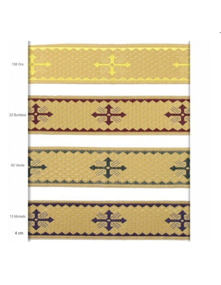 Galón tejido Cruz 4 cm oro y color.