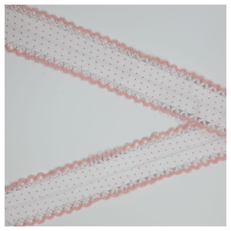 Cinta bies con lunares y puntas rosa.
